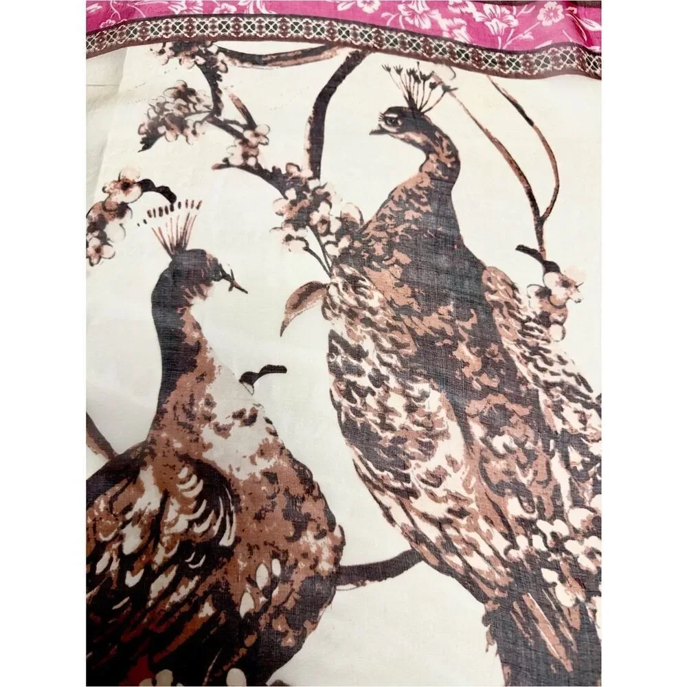 Vince Camuto Silk Chiffon Large Scarf Peacock Birds Pink Floral Trim Sheer